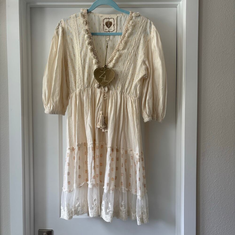 Z&L Cream Boho Lace Tassel Metallic Mini Dress 100% Cotton Size Large NWT